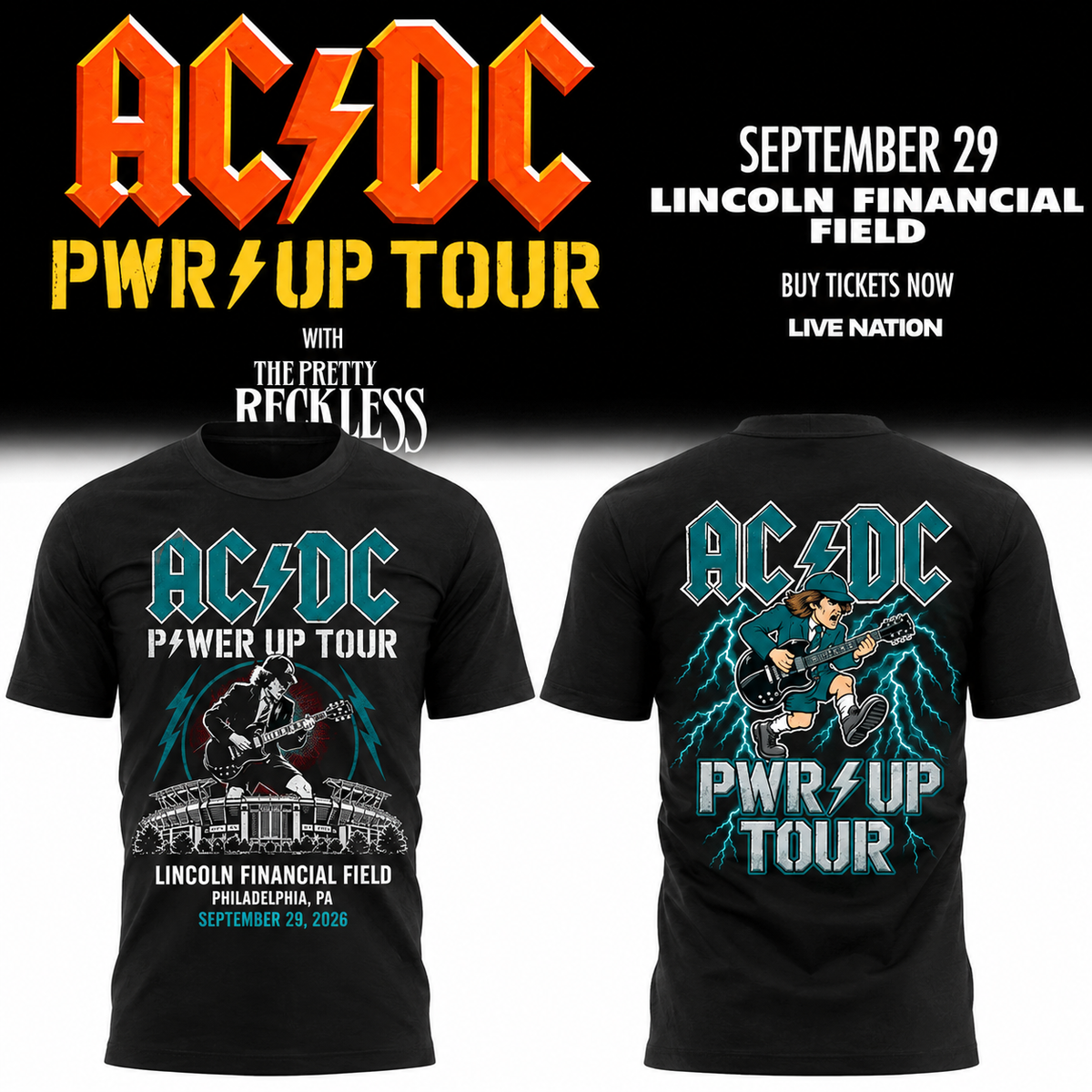001. Perfect Black Shirt AC/DC Pwr Up Tour Lincoln Financial Field Philadelphia PA Sep 29 2026 T-Shirt