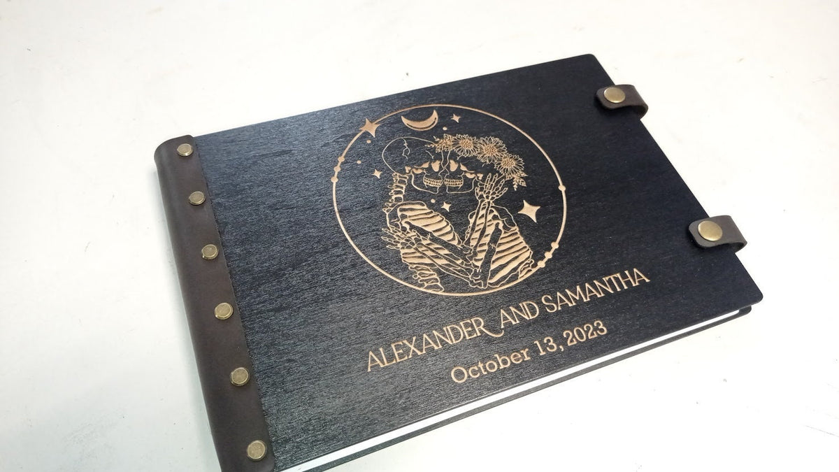 Black Gothic Wedding Guest Book, Personalized Wooden Photo GuestBook, Halloween Rustic Keepsake, Skeleton Decor