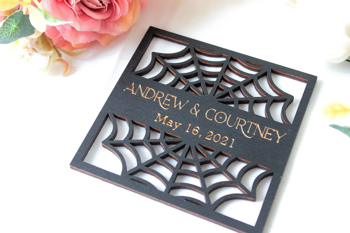 Black Gothic Wedding Coaster Favors, Spiderweb Decor