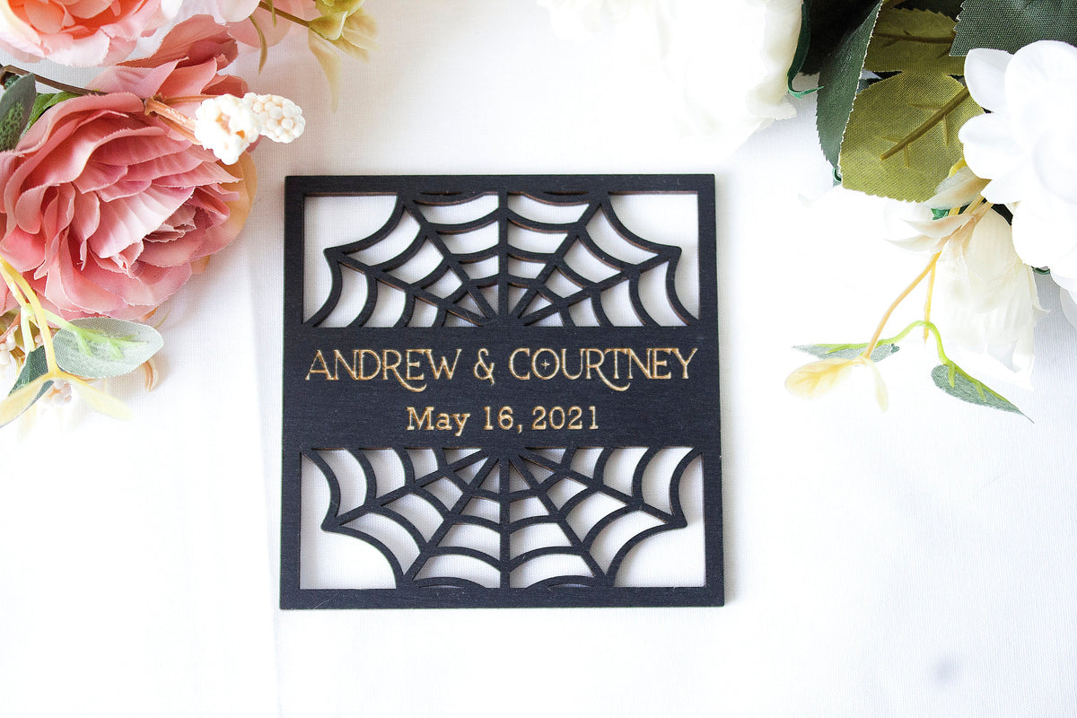 Black Gothic Wedding Coaster Favors, Spiderweb Decor