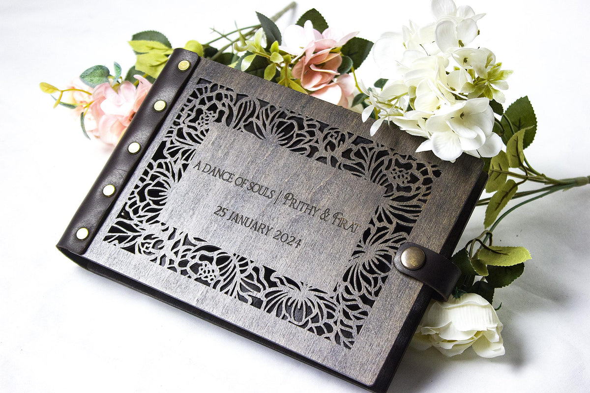 Custom Engraved Photo Album, Personalized Scrapbook, Birthday Gift, Wooden Wedding Photo Album, Anniversary Couple Gift