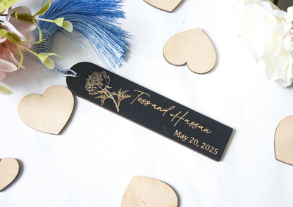 Personalized Wooden Bookmark, Floral Engraved Wedding Favor
