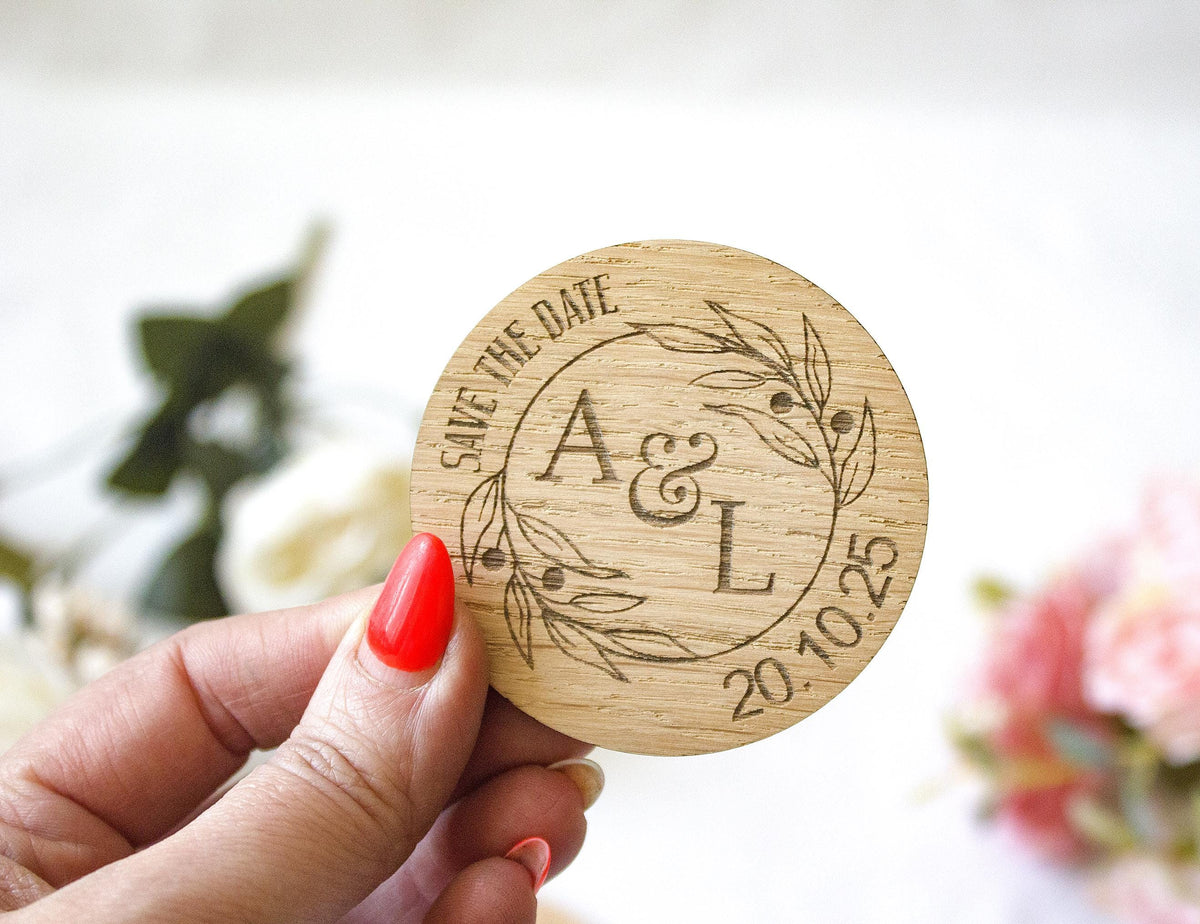 Personalized Wooden Save the Date Magnet: Botanical Wedding Favor