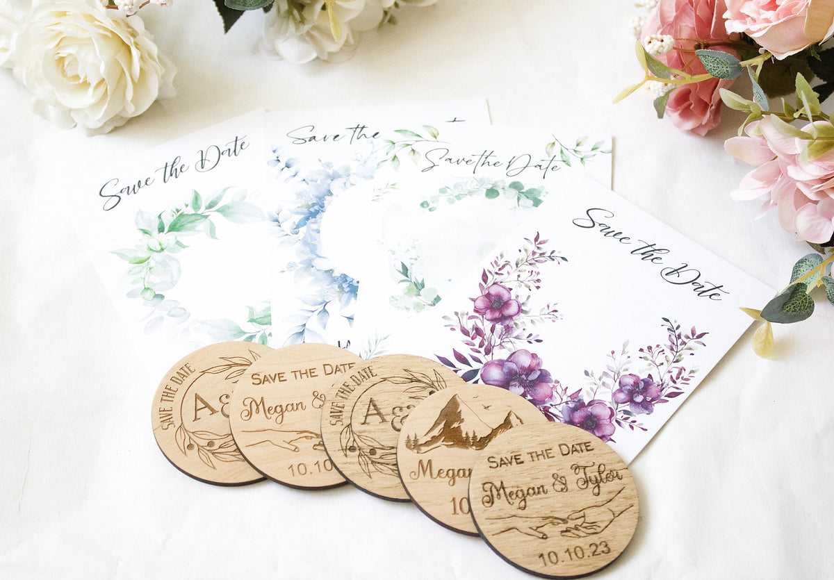 Personalized Wooden Save the Date Magnet: Botanical Wedding Favor