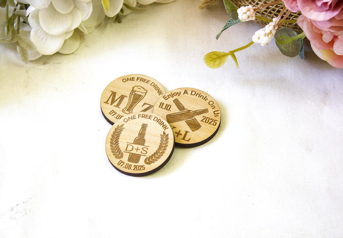 Personalized Wooden Drink Tokens: Wedding Bar Favors