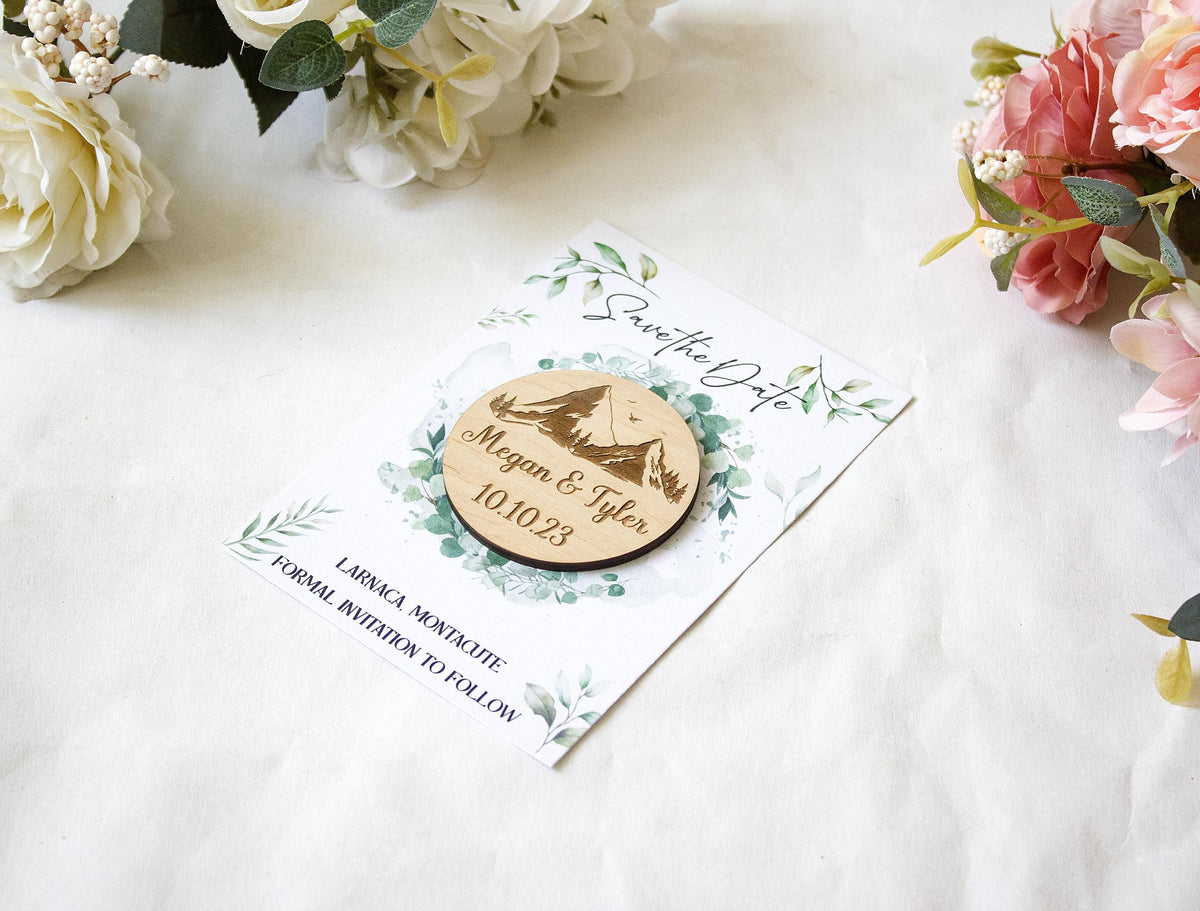 Botanical Wooden Save the Date Magnet: Mountain Wedding Favor