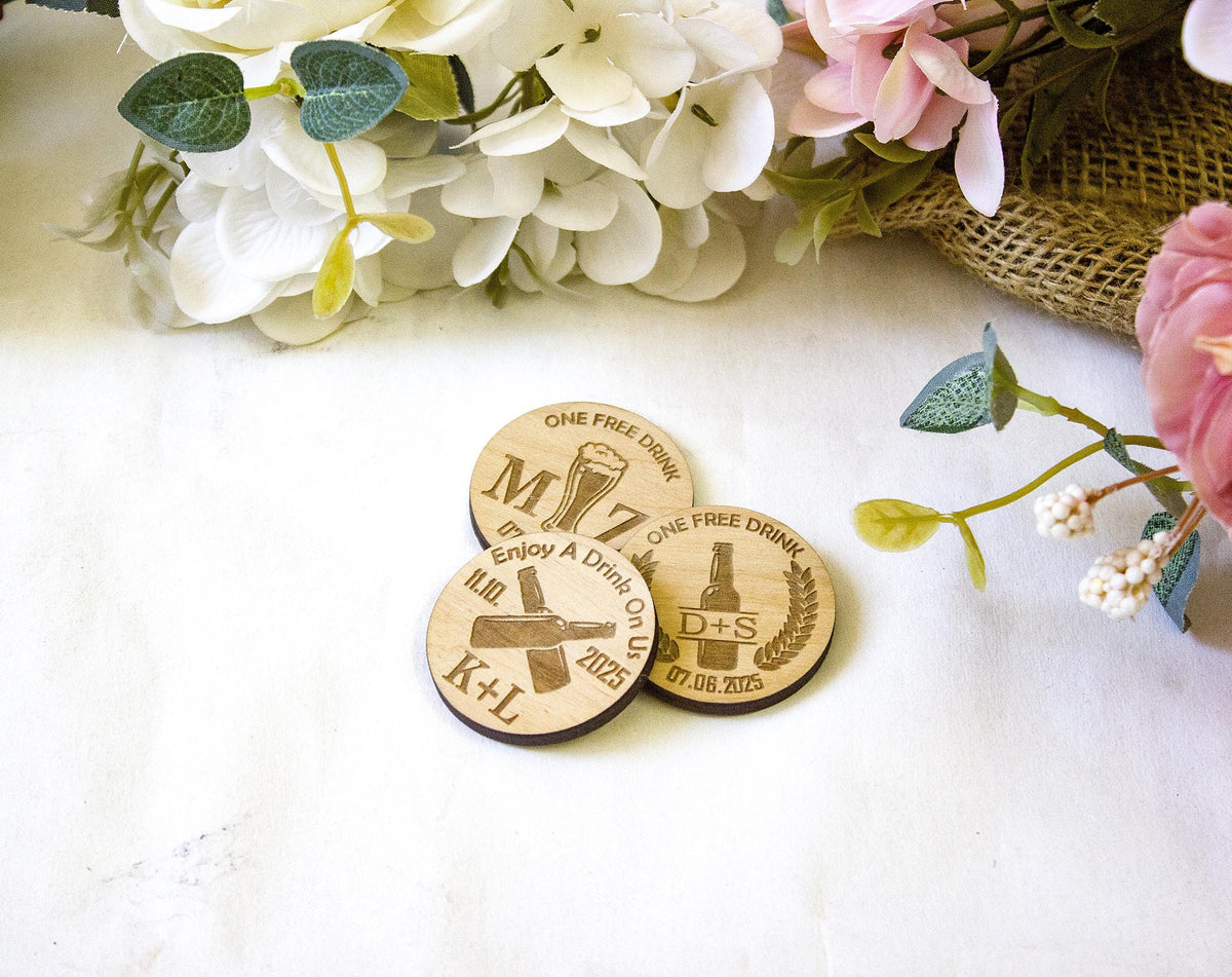 Personalized Wooden Drink Tokens: Wedding Bar Favors