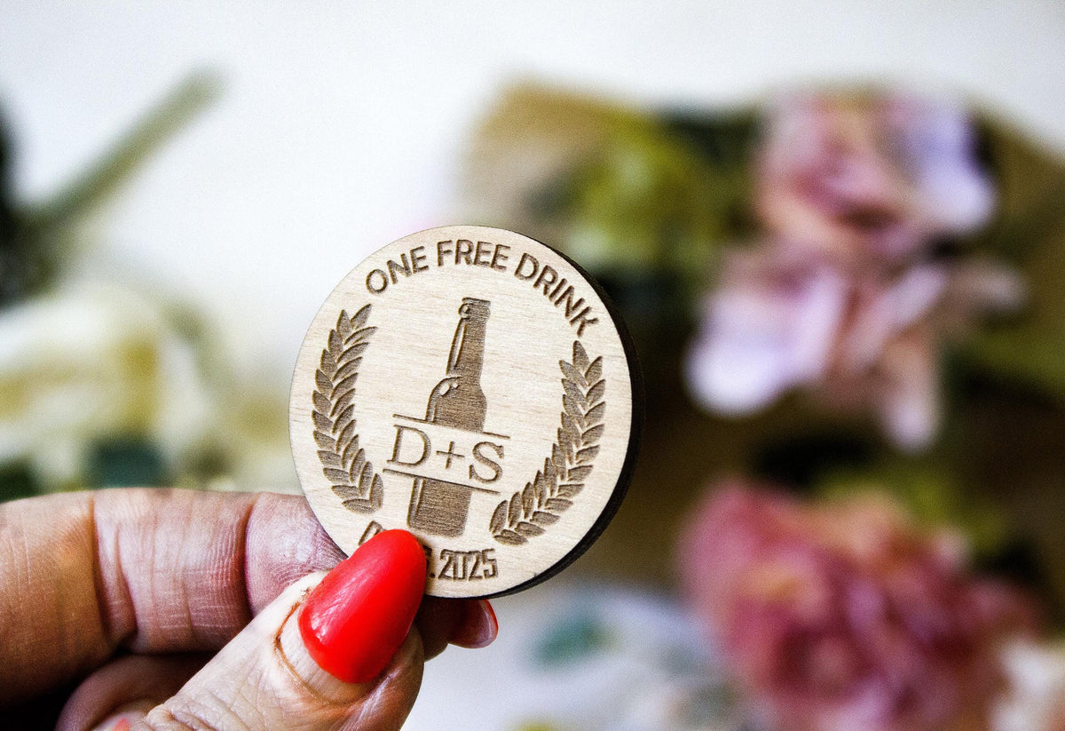 Personalized Wooden Drink Tokens: Engraved Wedding Bar Chips