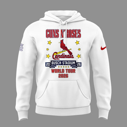 01.32. New White Hoodie Guns N' Roses x St. Louis Cardinals - World Tour 2026 Hoodie