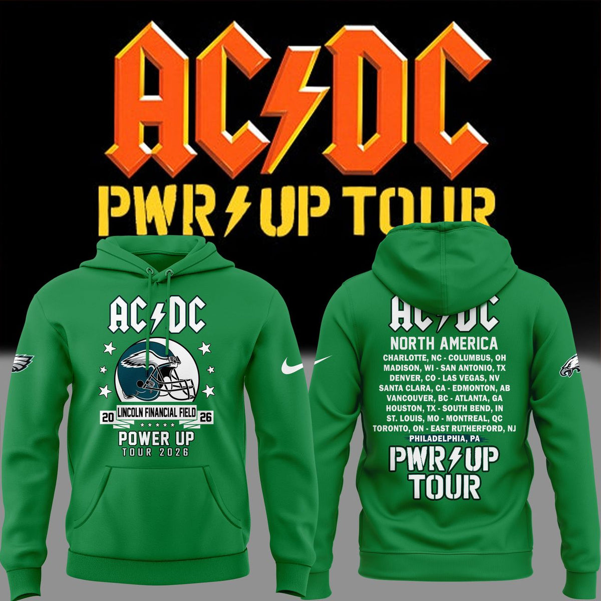 01.16. Green Hoodie AC/DC x Philadelphia Eagles - POWER UP TOUR 2026 Hoodie